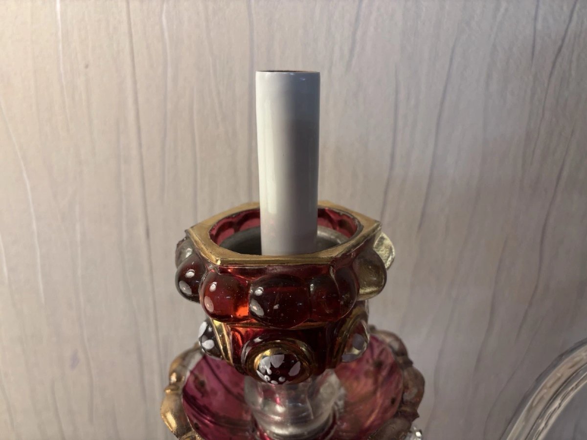 Three-light Candelabra In Red Tint With Crystal Flower Decoration Baccarat-photo-1