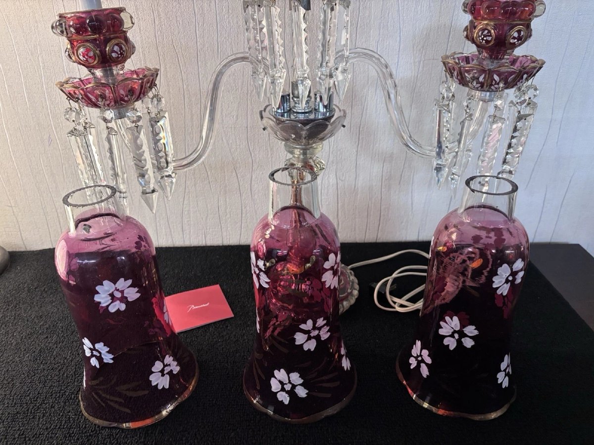 Three-light Candelabra In Red Tint With Crystal Flower Decoration Baccarat-photo-2