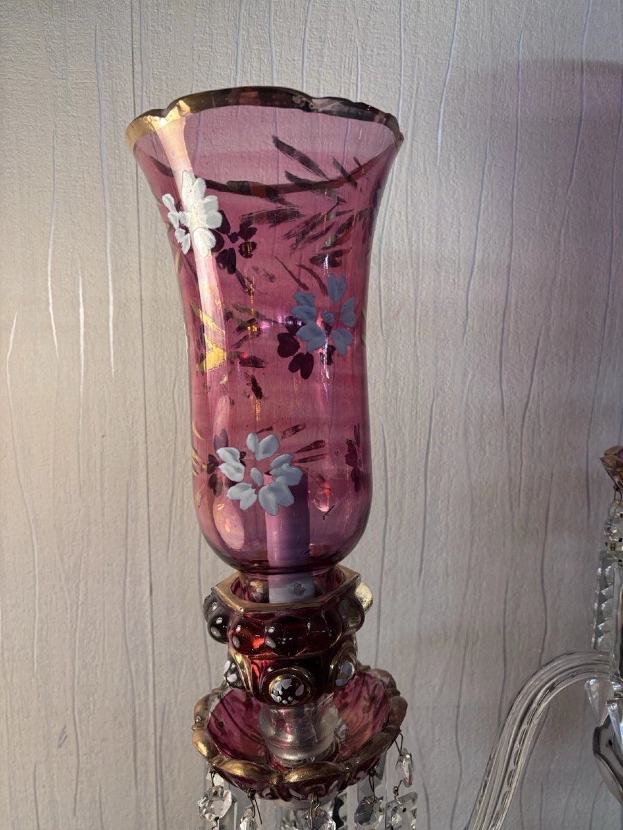 Three-light Candelabra In Red Tint With Crystal Flower Decoration Baccarat-photo-5