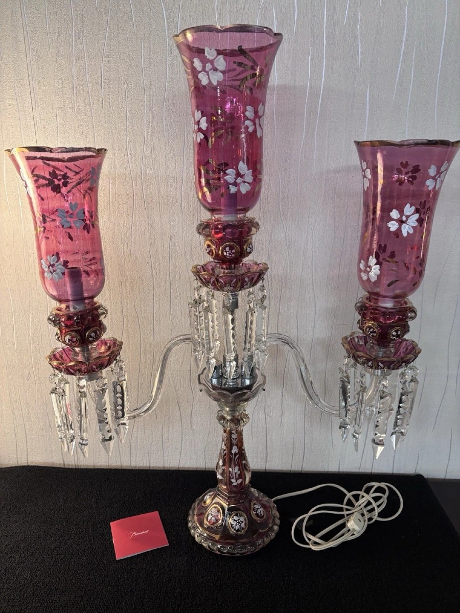 Three-light Candelabra In Red Tint With Crystal Flower Decoration Baccarat