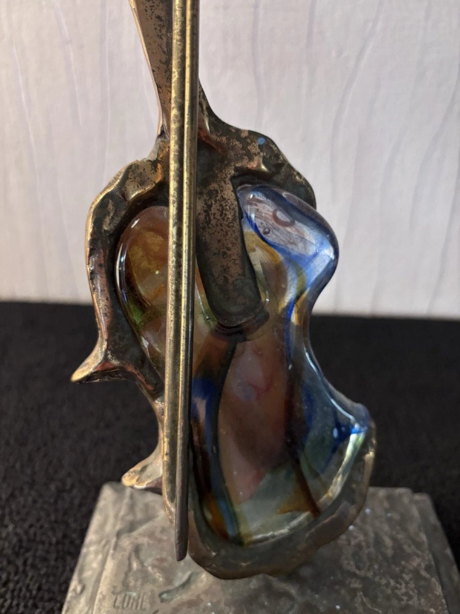 Violon sculpture en bronze patiné et verre coloré Yves LOHE-photo-2
