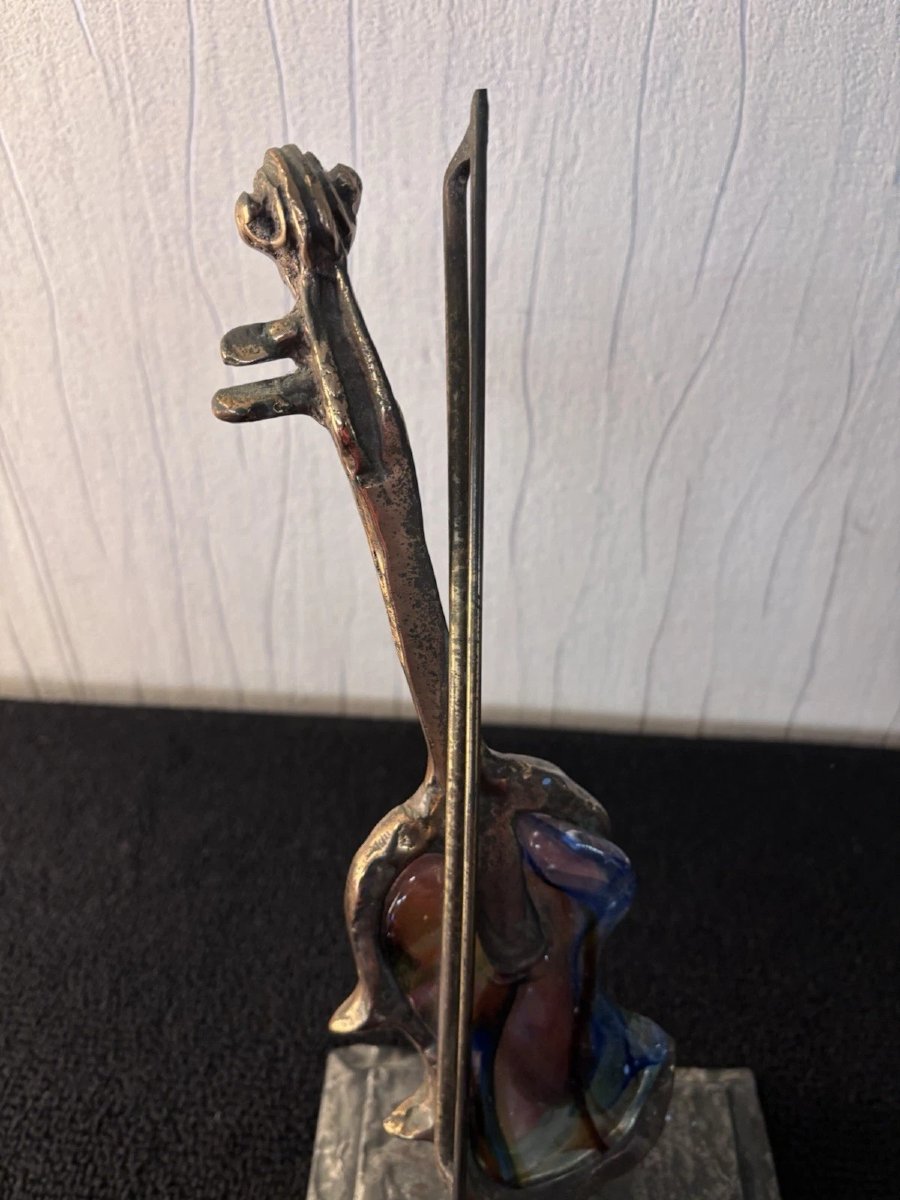 Violon sculpture en bronze patiné et verre coloré Yves LOHE-photo-3