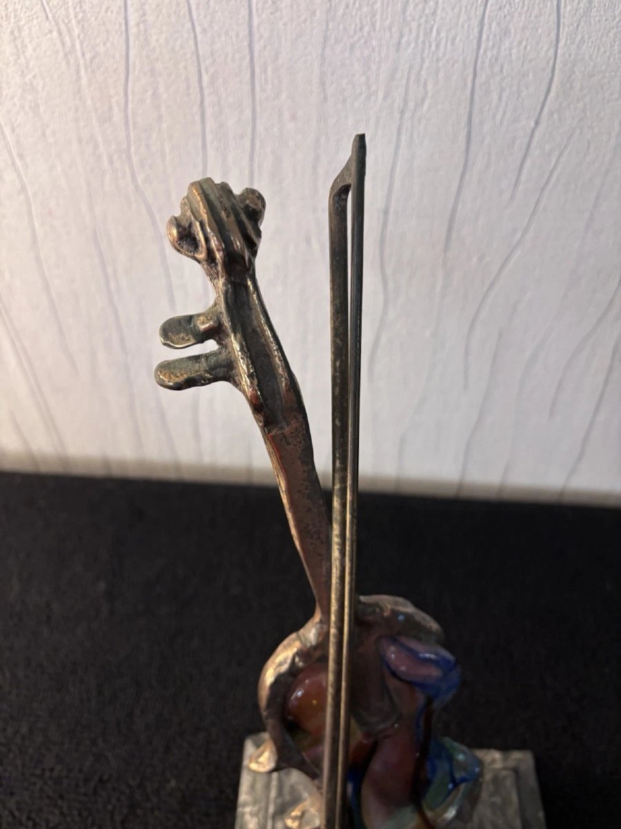 Violon sculpture en bronze patiné et verre coloré Yves LOHE-photo-4