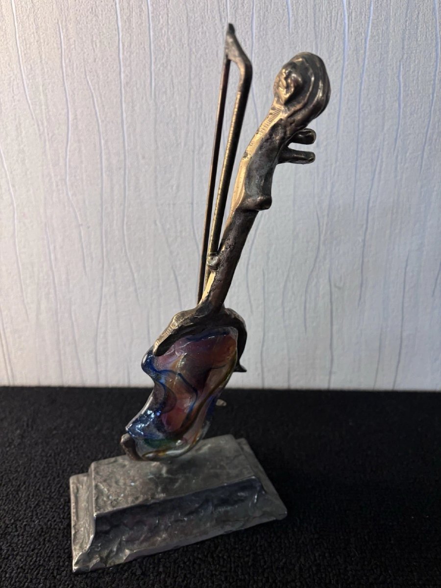 Violon sculpture en bronze patiné et verre coloré Yves LOHE-photo-5