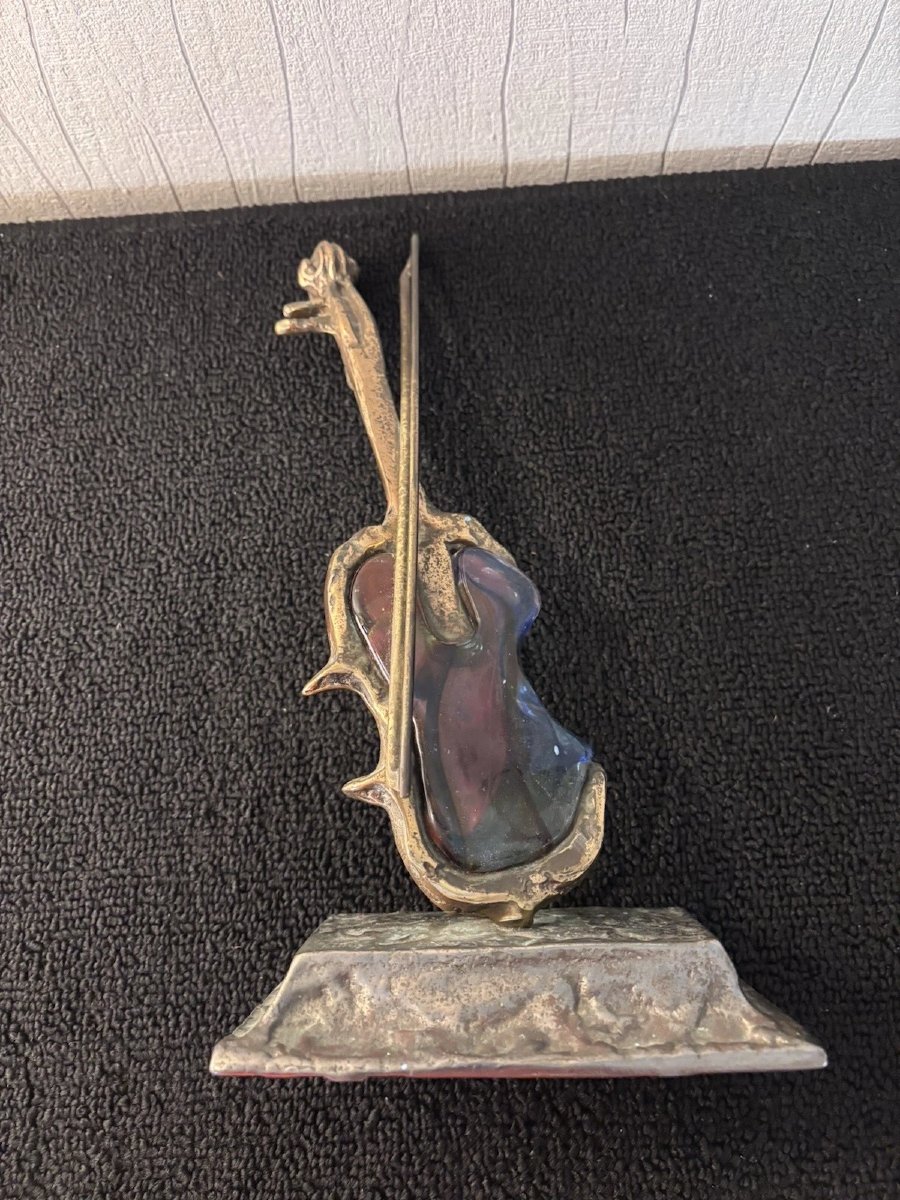 Violon sculpture en bronze patiné et verre coloré Yves LOHE-photo-6