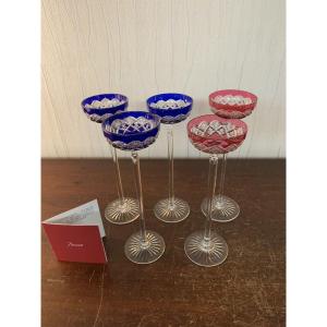 5 Baccarat Crystal Overlay Liqueur Glasses