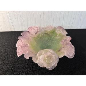 Coupe roses vert et rose en cristal Daum Nancy 2010