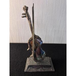 Violin Sculpture In Patinated Bronze And Coloured Glass Yves Lohe