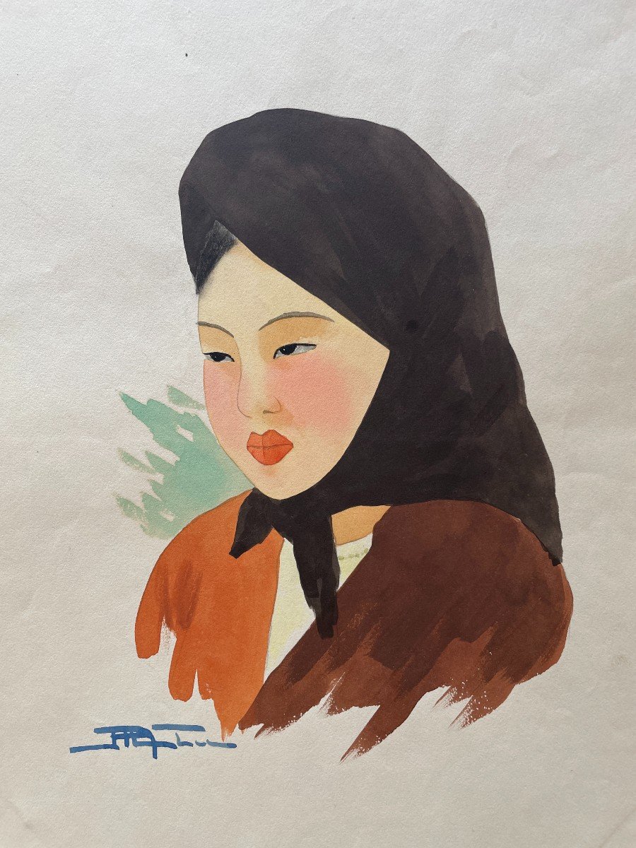 Nguyen Mai Thu - Femme Au Turban - Gouache - Indochine Vietnam