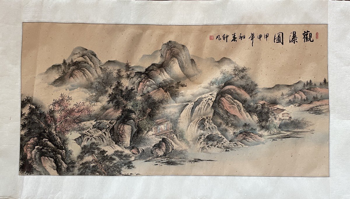 Grande Technique Mixte Sur Paper - Chine - Paysage 2