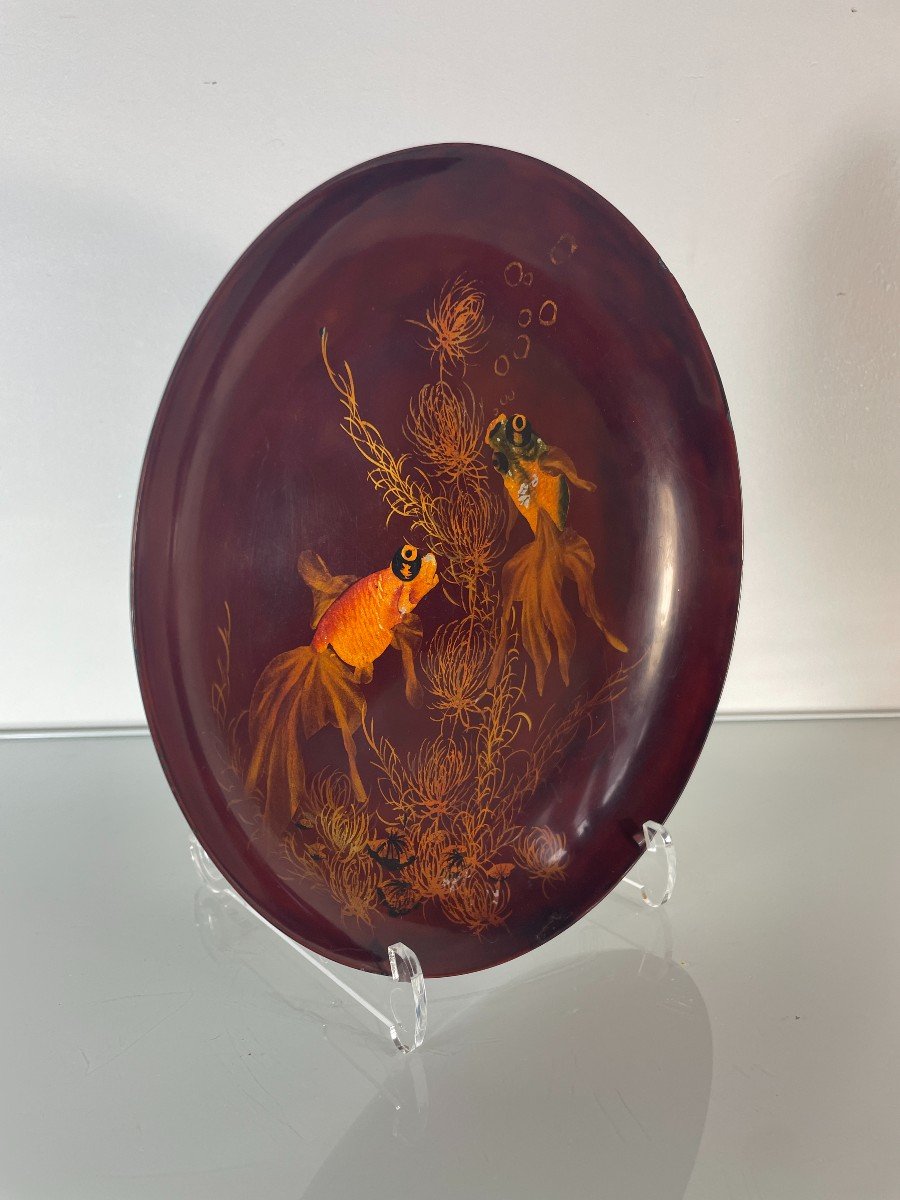 Nguyen Thanh Ley (1919 2003) - Fish Plate - Lacquer On Wood - Vietnam Indochina-photo-3