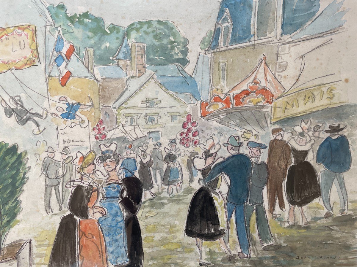 Jean Lachaud (1882-1952) - Watercolor - July 14 In Pont-aven-photo-4