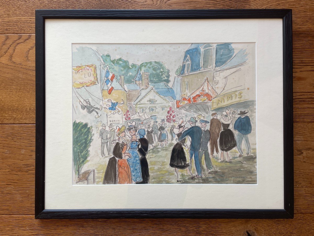 Jean Lachaud (1882-1952) - Watercolor - July 14 In Pont-aven