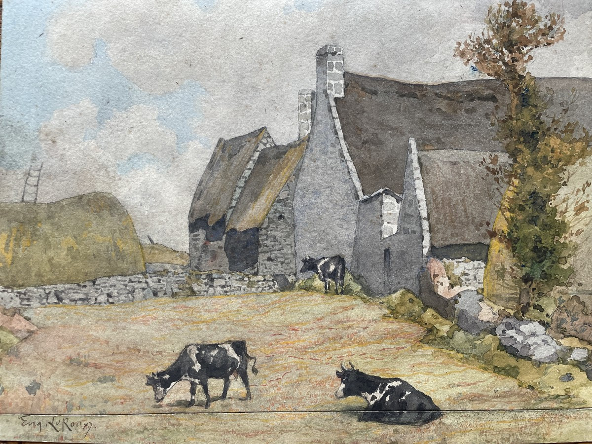 Louis Eugène Leroux (1833-1905) - Watercolor On Cardboard - Farm In Brittany 