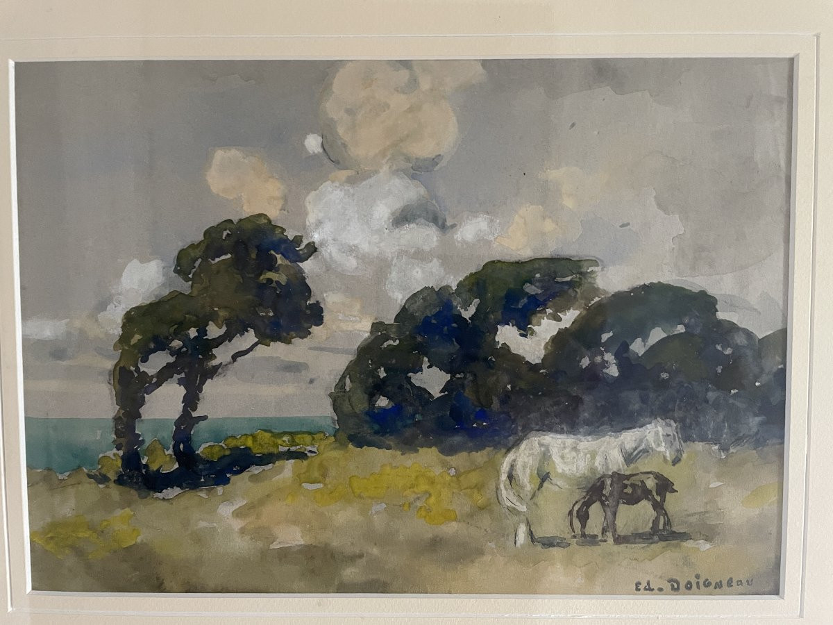 Edouard Doigneau (1865-1954) - Breton Landscape With Horses-photo-3