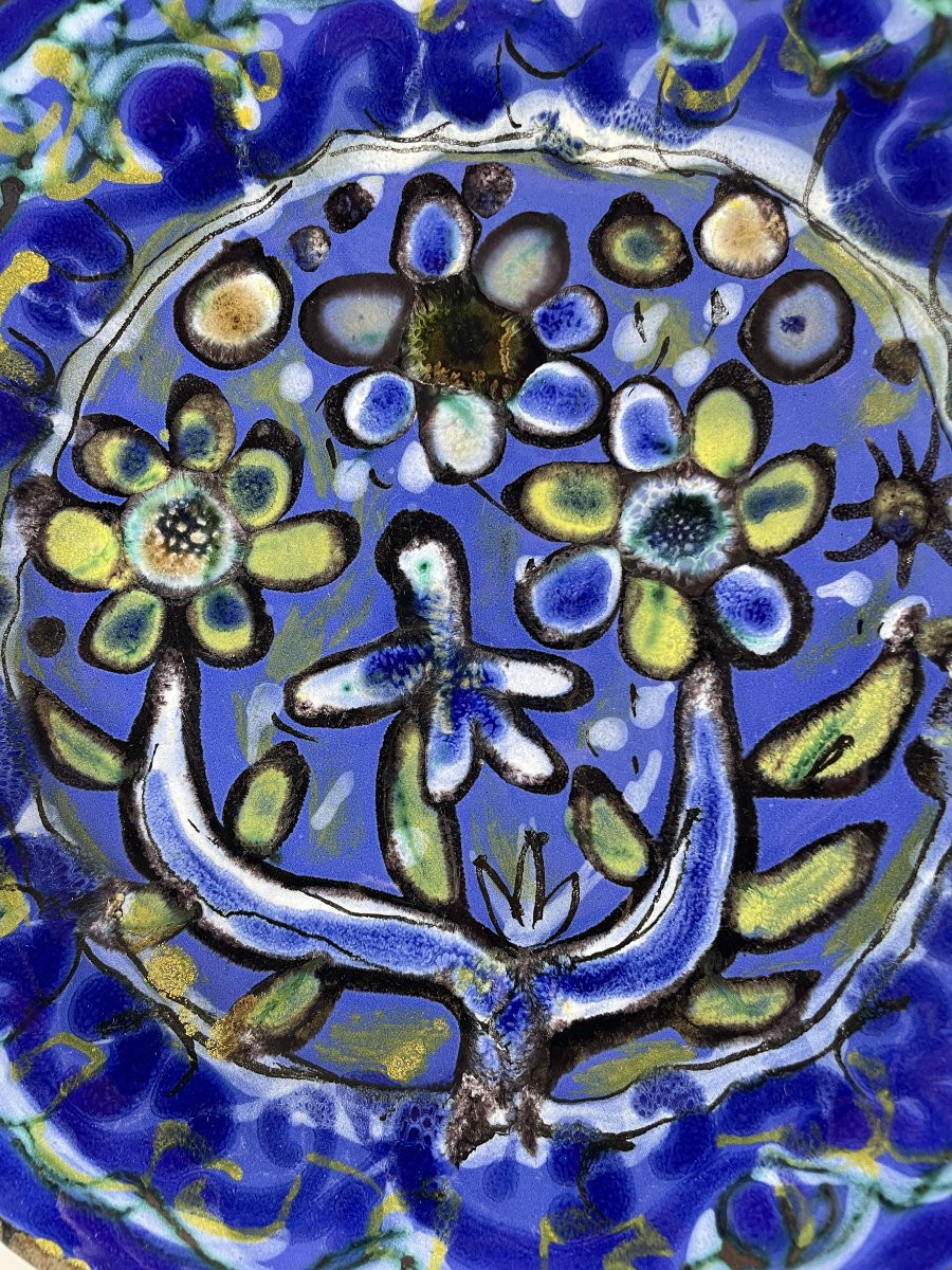 Paul Yvain / Yvin (1919-2007) - Keraluc - Assiette bleue aux fleurs-photo-4