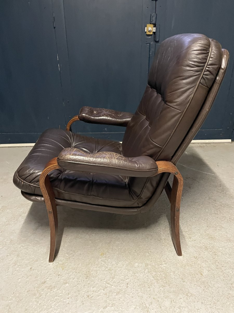 Pair Of Scandinavian Armchairs - Wood And Leather-photo-2