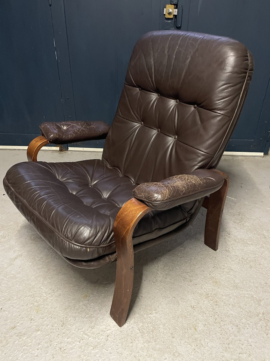 Pair Of Scandinavian Armchairs - Wood And Leather-photo-3