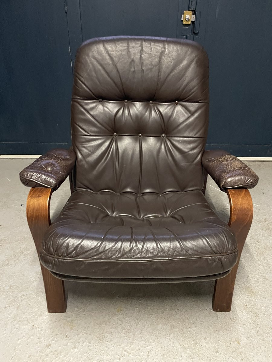 Pair Of Scandinavian Armchairs - Wood And Leather-photo-4