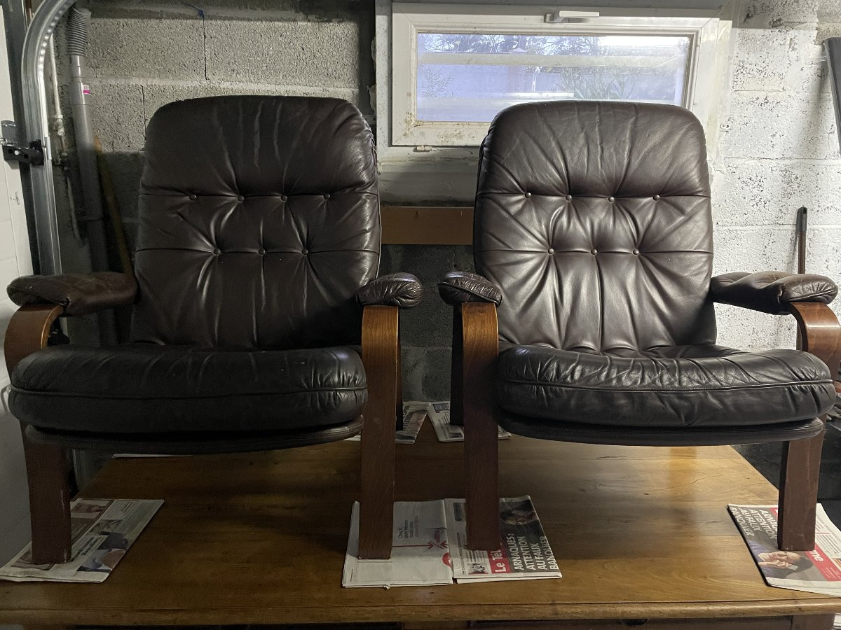 Pair Of Scandinavian Armchairs - Wood And Leather-photo-1