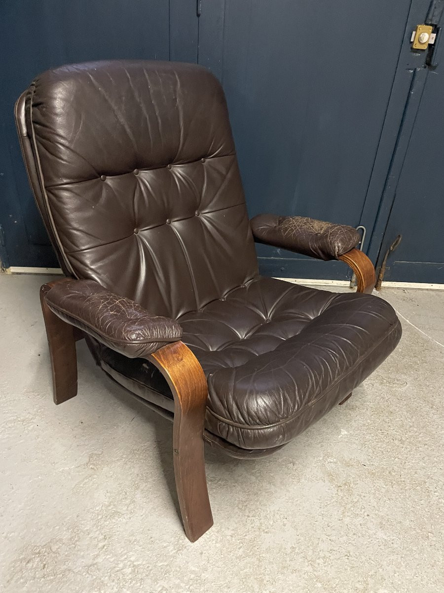 Pair Of Scandinavian Armchairs - Wood And Leather-photo-2