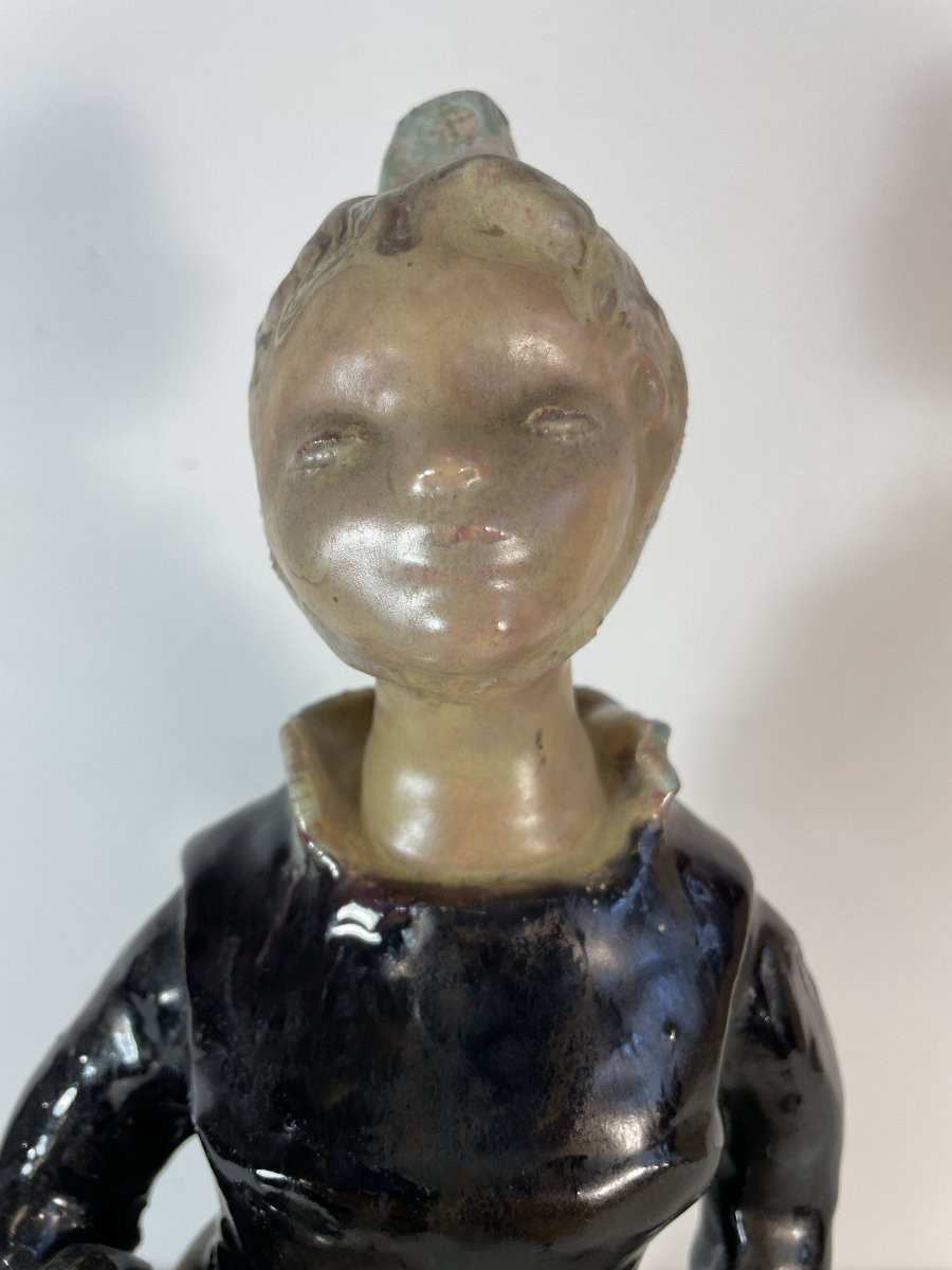 Martine Le Pétillon (1923-2011) - Hb Quimper - Breton Woman With Fish - Chamotte Clay-photo-4
