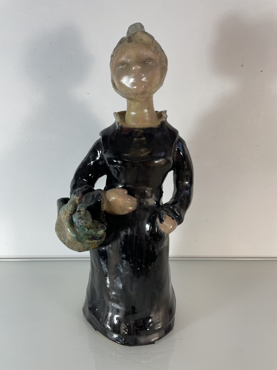 Martine Le Pétillon (1923-2011) - Hb Quimper - Breton Woman With Fish - Chamotte Clay
