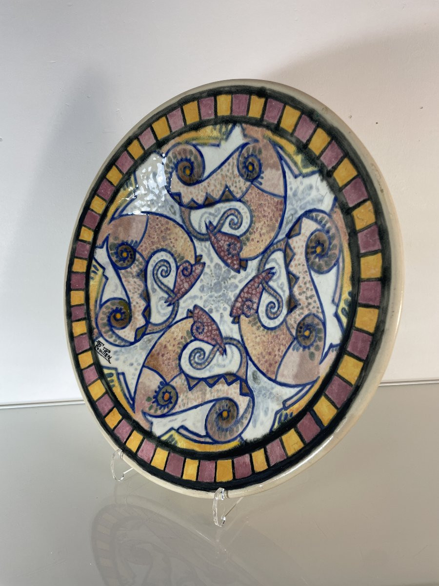 Paul Fouillen  (1899-1958) - Grande coupe sur piédouche - Datée 1947-photo-3