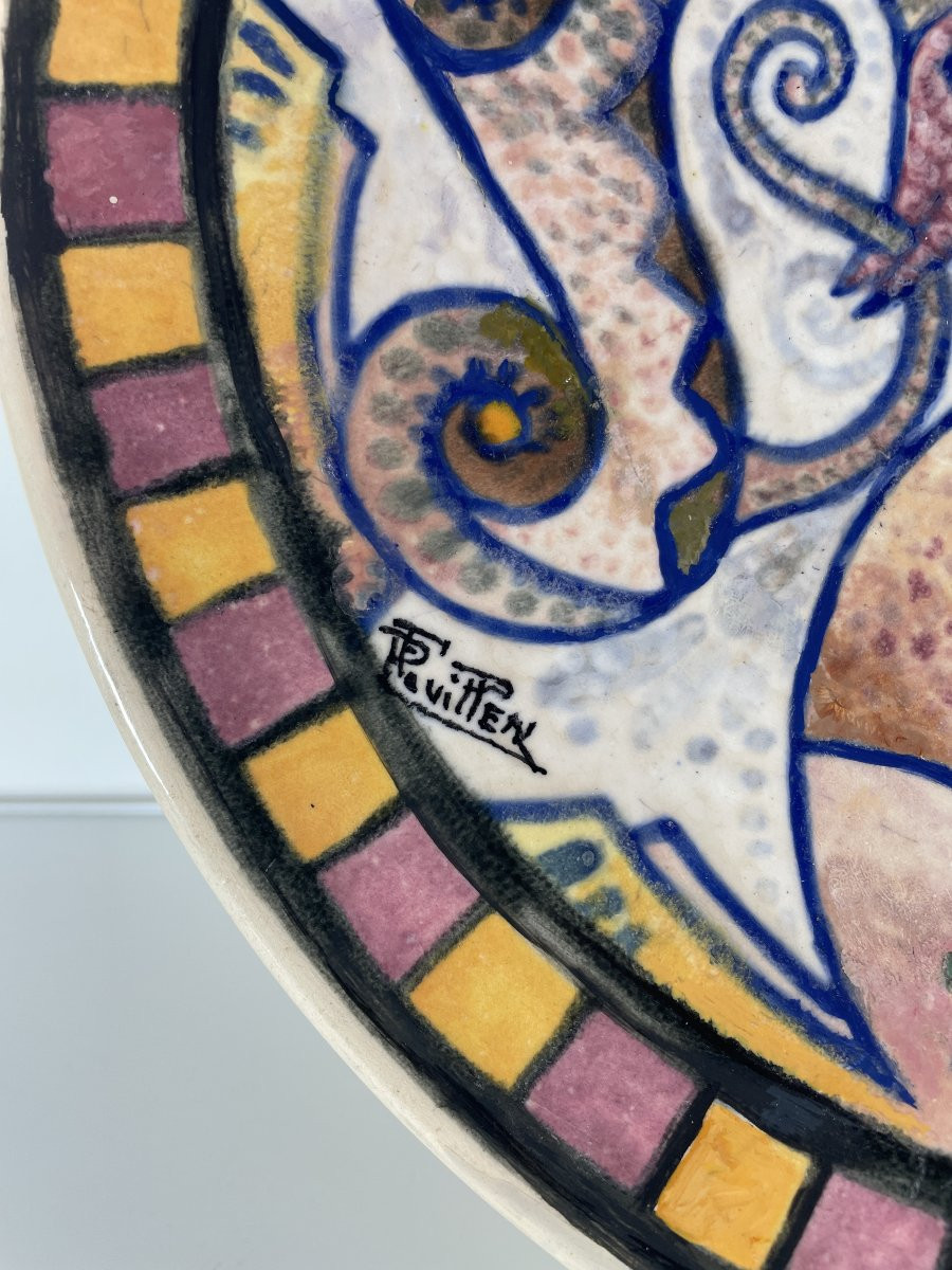 Paul Fouillen  (1899-1958) - Grande coupe sur piédouche - Datée 1947-photo-4