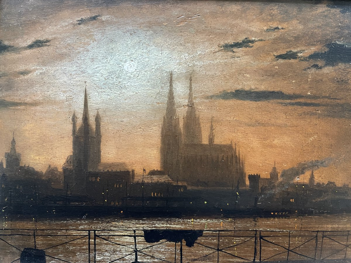 Oil On Panel - Germany, Late 19th Century - Cologne At Night-photo-2