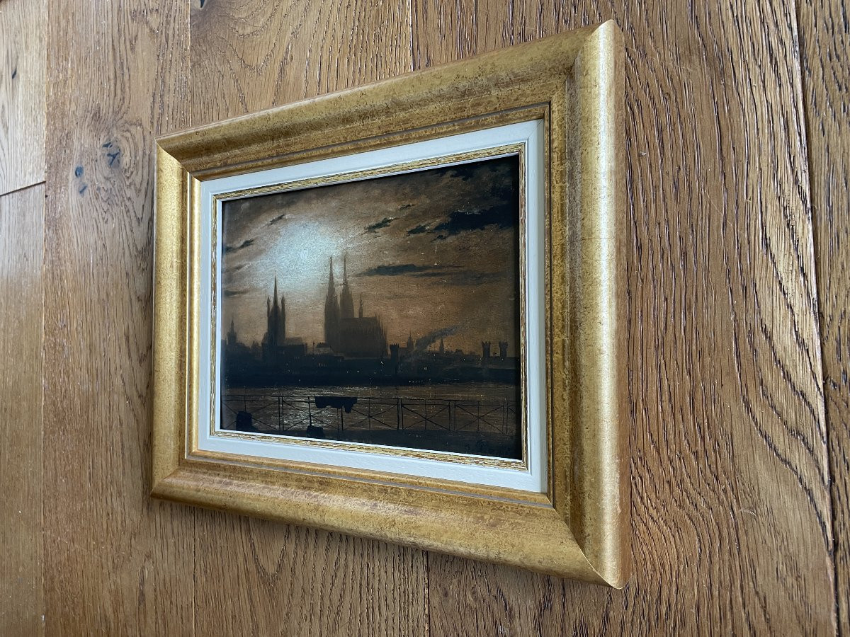 Oil On Panel - Germany, Late 19th Century - Cologne At Night-photo-3