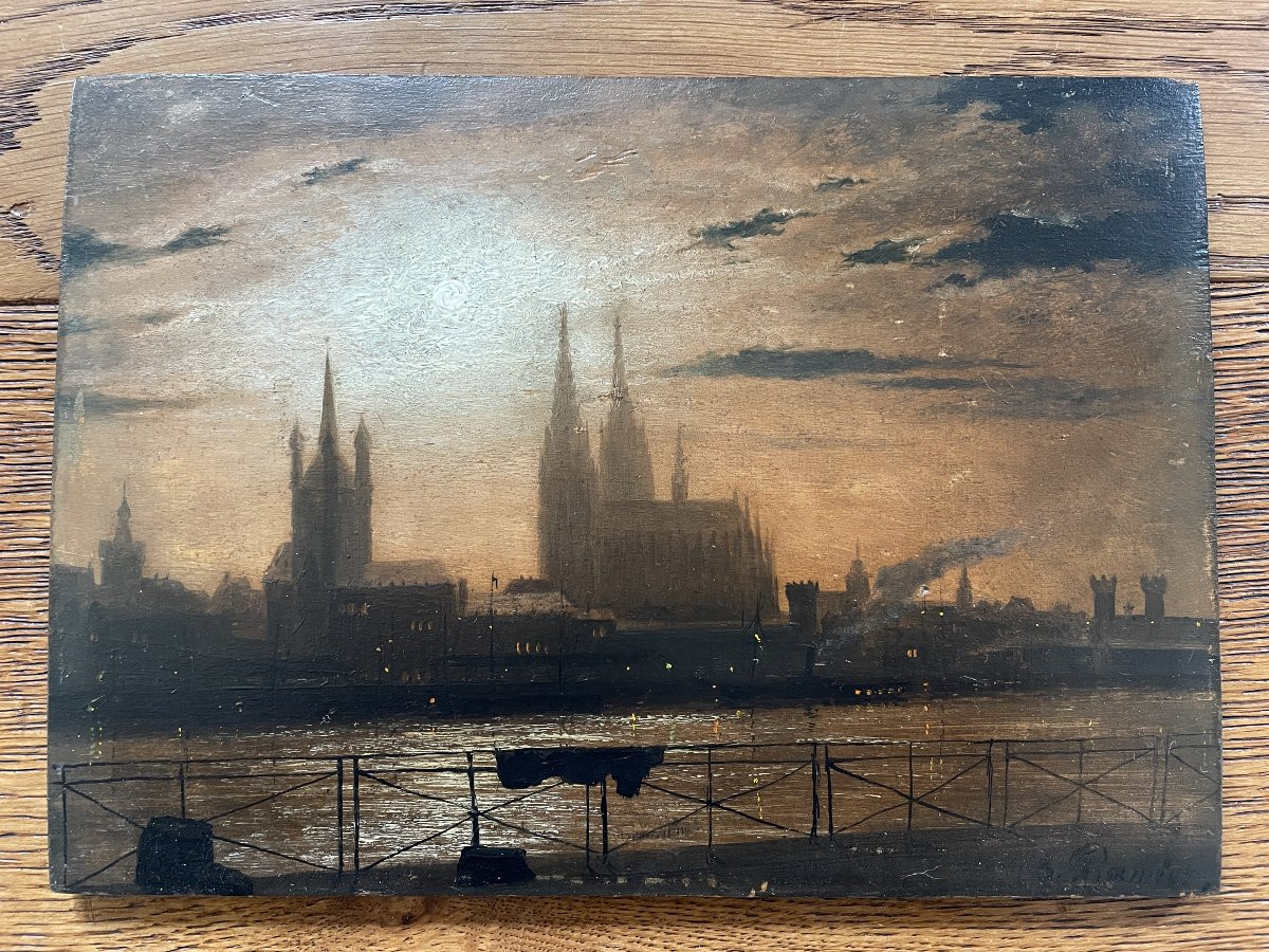 Oil On Panel - Germany, Late 19th Century - Cologne At Night-photo-1