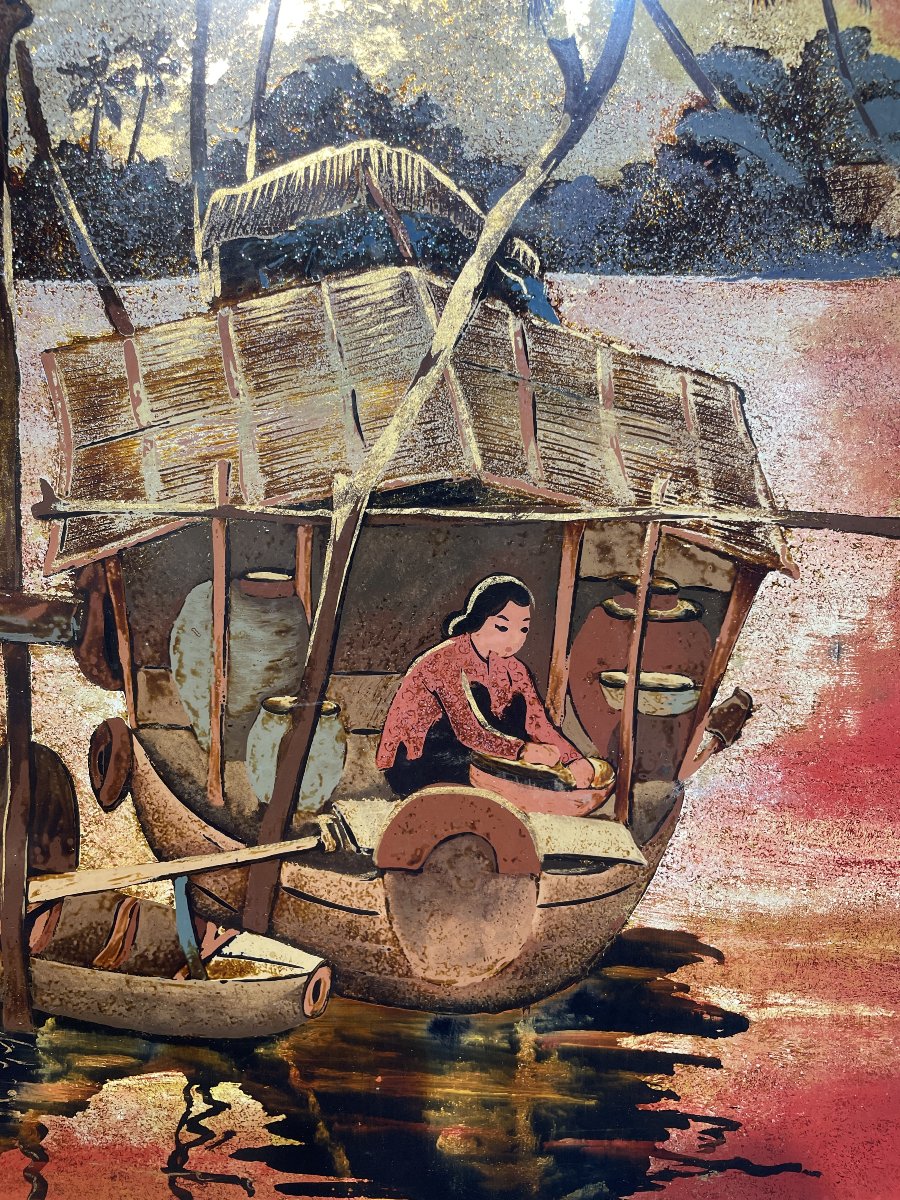 Large Lacquer On Wood - Vietnam Indochina-photo-4