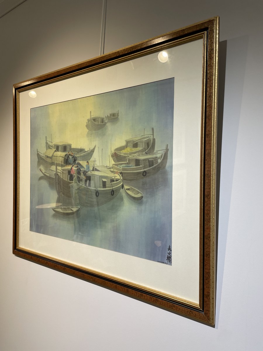 Vo Van Ky (1923- 2011) - Silk Painting - Sampans 2 - Vietnam Indochina-photo-2