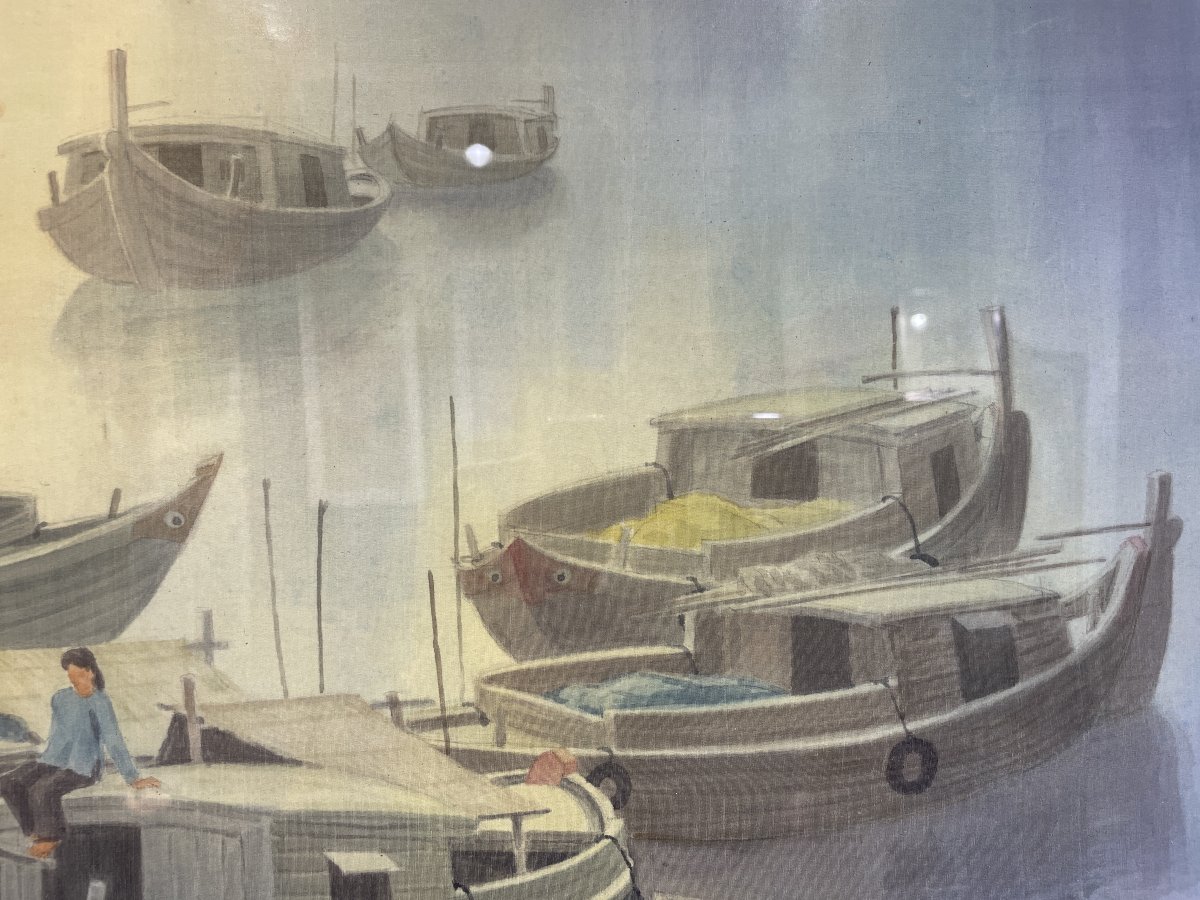 Vo Van Ky (1923- 2011) - Silk Painting - Sampans 2 - Vietnam Indochina-photo-2