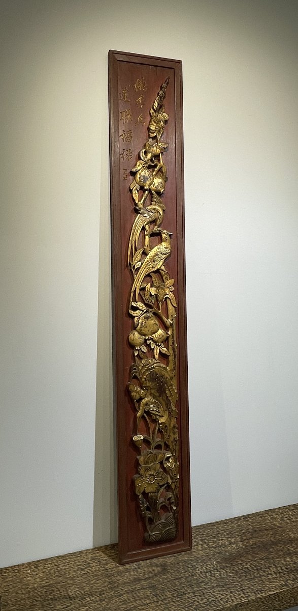 Vietnam, Indochina - Large Carved, Lacquered, And Painted Wooden Panel