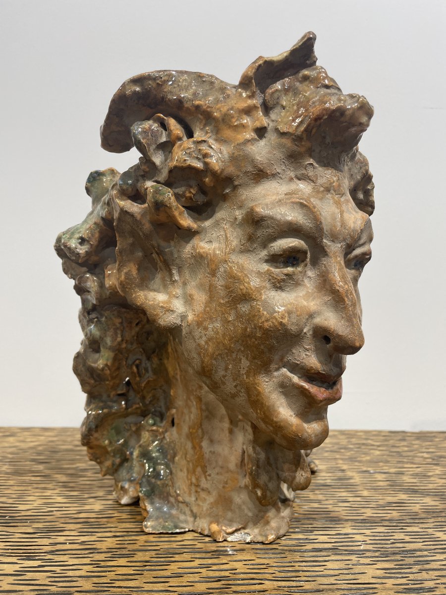 Giovanni Leonardi (1876-1956) -Tête de Faune - Céramique émaillée-photo-3