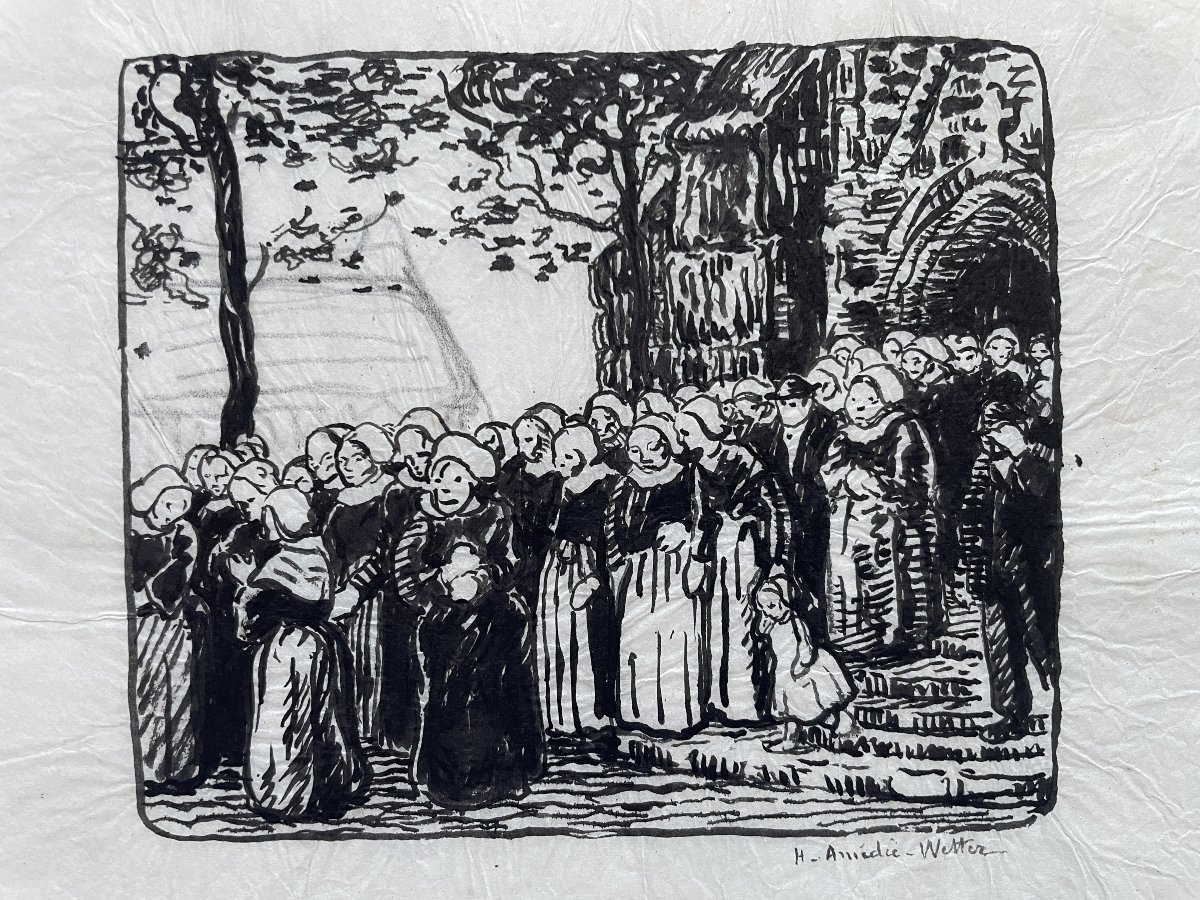 Henri-hippolyte Amédée-wetter (1869–1929) -  Leaving Mass - India Ink
