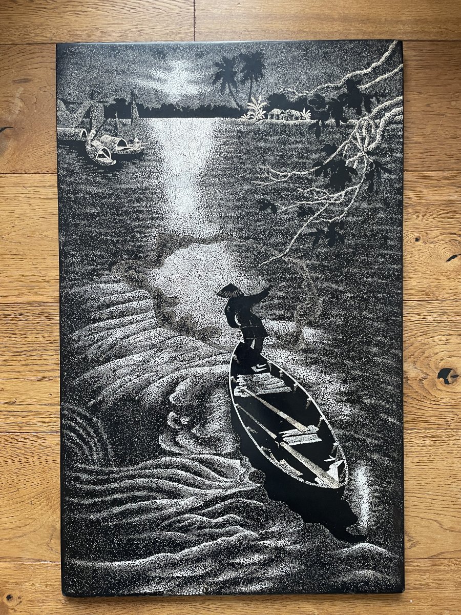 Large Lacquer On Wood - Vietnam, Indochina - Night Landscape-photo-2