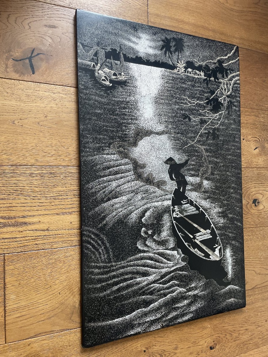 Large Lacquer On Wood - Vietnam, Indochina - Night Landscape-photo-3