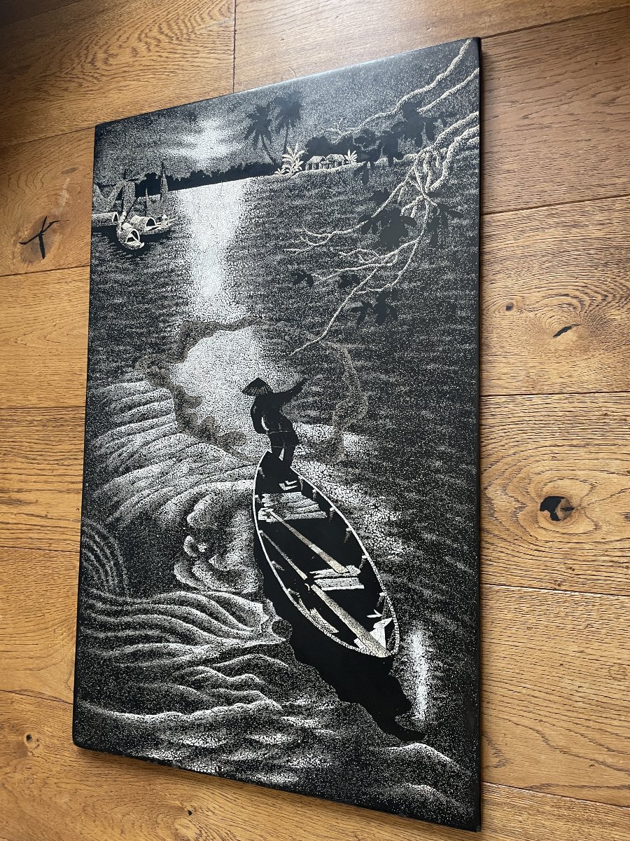 Large Lacquer On Wood - Vietnam, Indochina - Night Landscape-photo-4