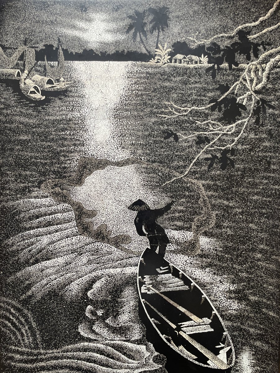 Large Lacquer On Wood - Vietnam, Indochina - Night Landscape