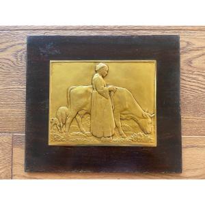 René Thénot (1893-1963) - Bas Relief - Peasant Woman With Cow