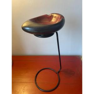 French Ceramics From The 50s - Ashtray On Pedestal In Black Lacquered Steel
