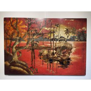 Large Lacquer On Wood - Vietnam Indochina
