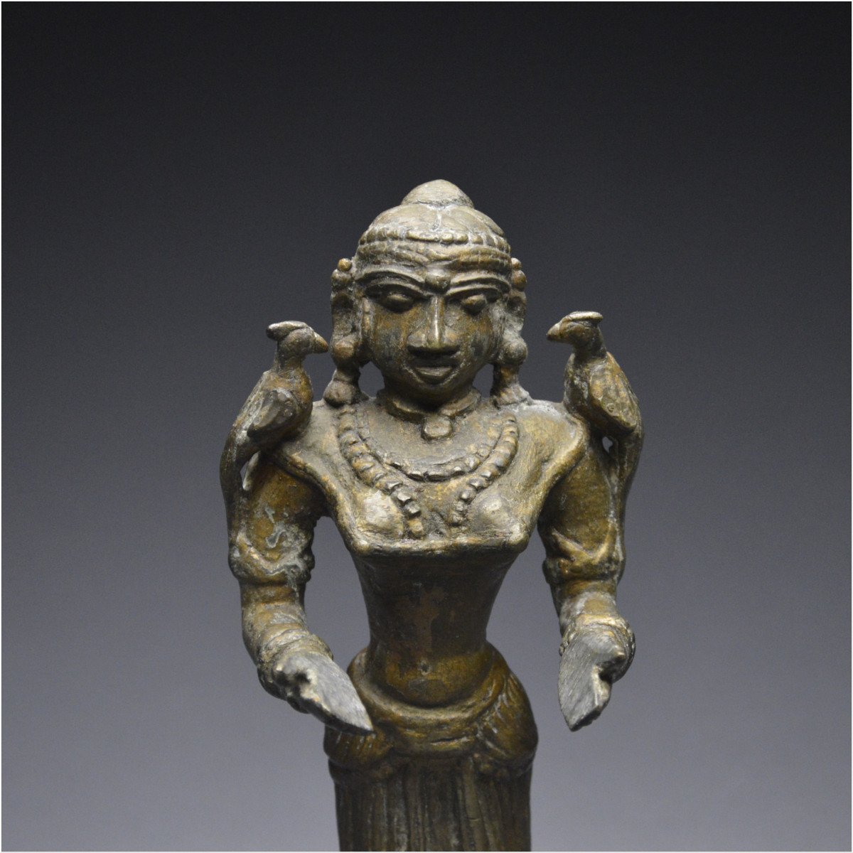 India, 19th Century, Bronze Ceremonial Oil Lamp Depicting Lakshmi-photo-1