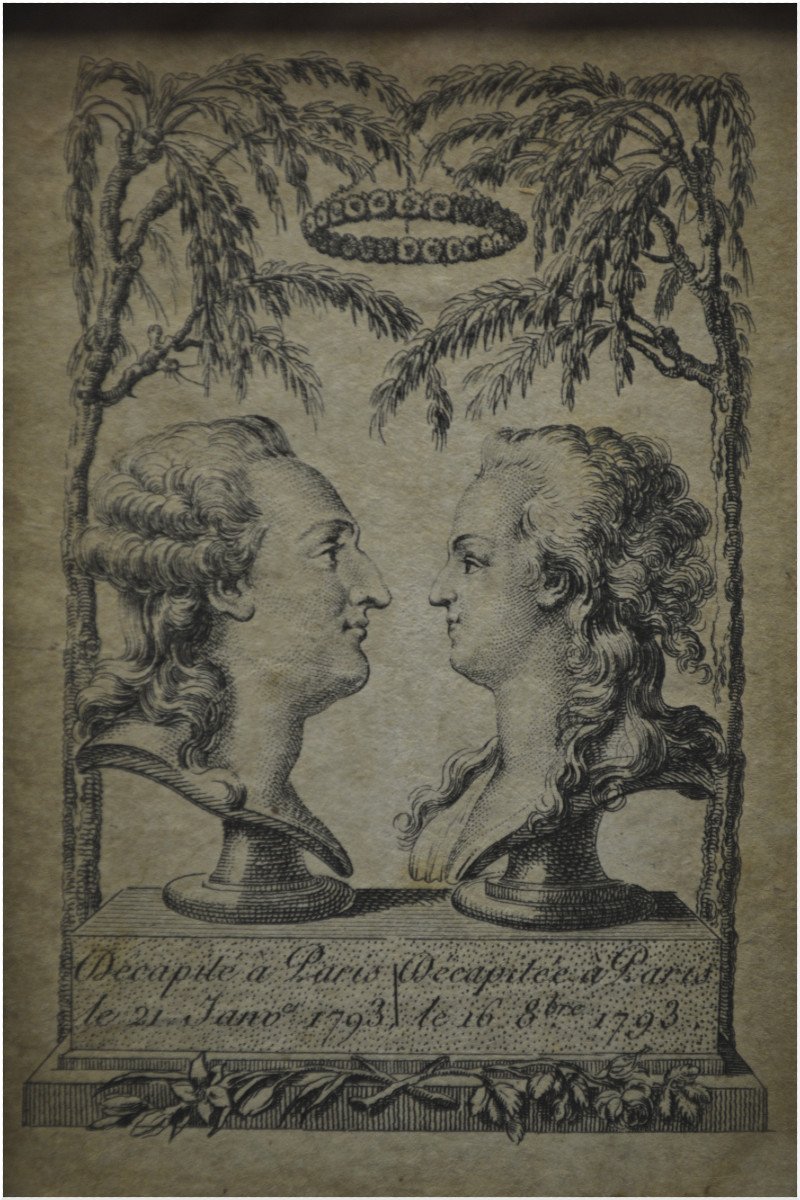 French Revolution, After 1793, Small Framed Engraving With The Busts Of Louis XVI And Marie-antoinette After Their Beheading-photo-2