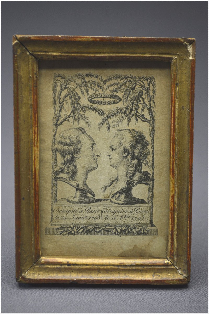 French Revolution, After 1793, Small Framed Engraving With The Busts Of Louis XVI And Marie-antoinette After Their Beheading