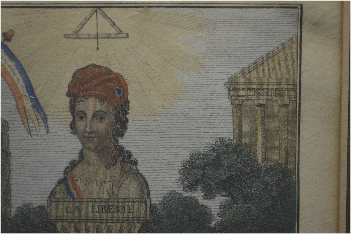  Révolution Française, Fin du XVIIIème siècle, Rare gravure en couleurs figurant les trois martyrs de la Liberté : Le Pelletier, Marat et Chalier sous le regard de La Liberté et sur fond de la Bastille et du Panthéon-photo-2