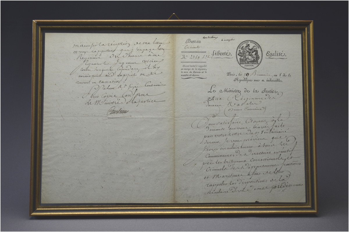  Révolution Française, Fin du XVIIIème siècle, Rare circulaire manuscrite du Ministre de la Justice Cambacérès sur l’interdiction des marchandises anglaises, Datée du 19 Brumaire de l’An VIII au lendemain du coup d’État de Bonaparte